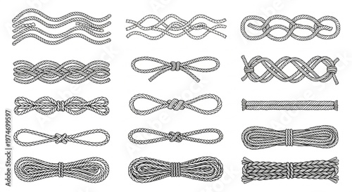 Wavy rope curve set. Repeating hemp cord stripes collection. Wavy loop tie braid bundle. Seamless black and white plait pattern. Vector marine twine design elements for banner, poster, frame, border 