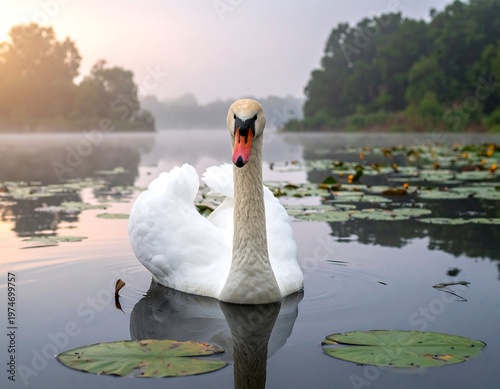 A serene photo showing a white swan gracefully floating on calm water amidst lily pads with a hazy, foggy backdrop
