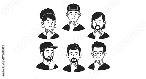 People thinking posing pensive group illustration