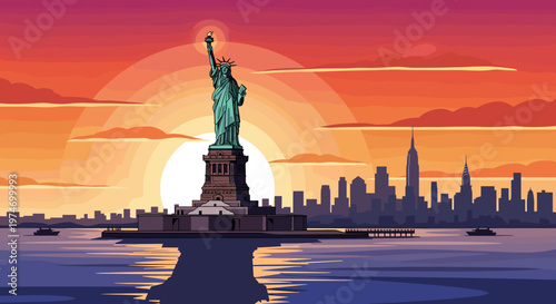 The Statue of Liberty stands majestically against a vibrant sunset over the New York City skyline, with calm waters reflecting the dramatic colors.