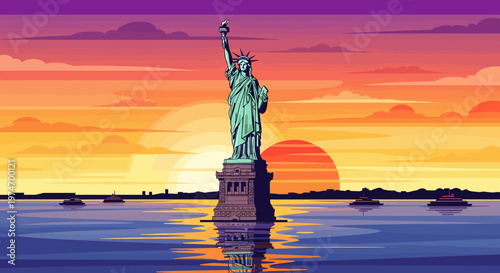 The Statue of Liberty stands majestically in the harbor at sunset, with a vibrant sky and calm waters reflecting the iconic monument.