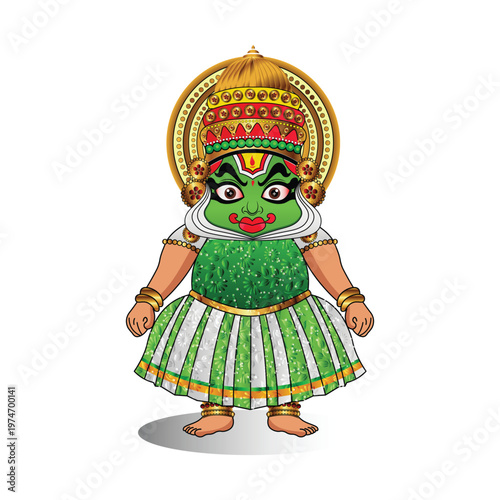 Kathakali Dancer Illustration in Traditional Costume Kerala Indian Classical Dance Vector