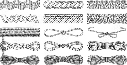 Wavy rope curve set. Repeating hemp cord stripes collection. Wavy loop tie braid bundle. Seamless black and white plait pattern. Vector marine twine design elements for banner, poster, frame, border
