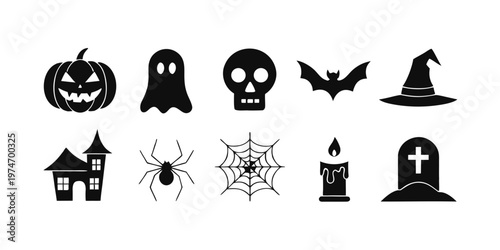 Halloween Spooky Horror Solid Black Vector Icon Set Pumpkin Ghost Festival Collection