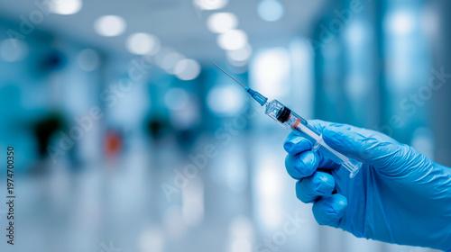 A hand wearing blue gloves is holding a syringe with a needle