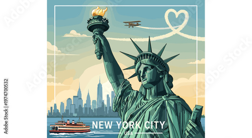 Vintage travel poster illustration of the iconic Statue of Liberty with the New York City skyline, a ferry, and a biplane leaving a heart trail in the sky.