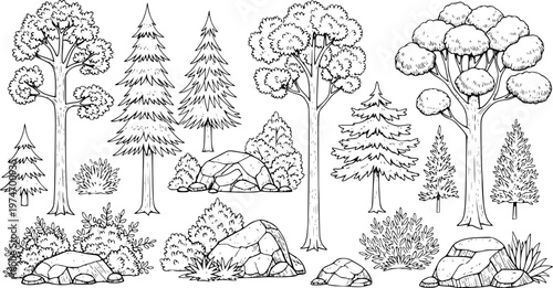 Collection of hand drawn forest elements including trees bushes and rocks in black and white