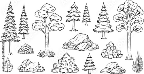 Collection of hand drawn forest elements including trees bushes and rocks in black and white