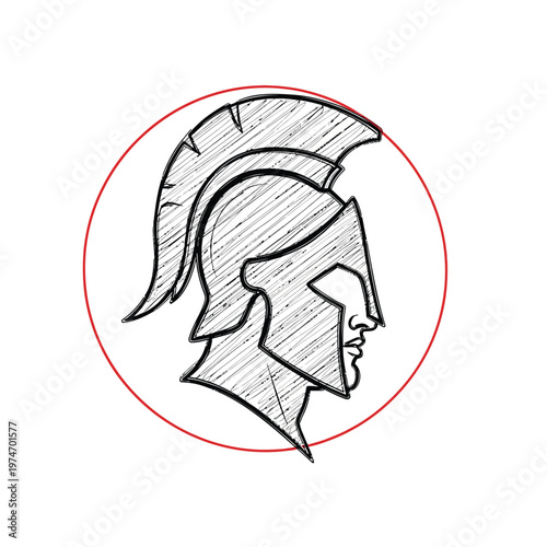 Spartan Helmet Profile Sketch Illustration, Hand-Drawn Ancient Greek Warrior Logo in a Red Circle, Minimalist Gladiator Emblem for Mascot and Brand Design