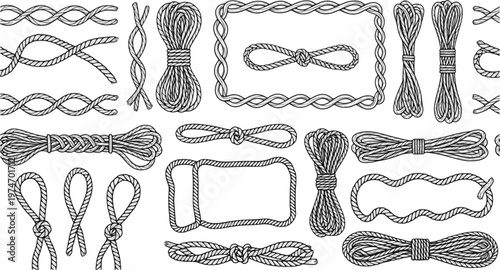 Wavy rope curve set. Repeating hemp cord stripes collection. Wavy loop tie braid bundle. Seamless black and white plait pattern. Vector marine twine design elements for banner, poster, frame, border