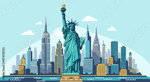 Photos Vector illustration of the iconic Statue of Liberty standing proudly in front of the famous New York City skyline with its towering skyscrapers