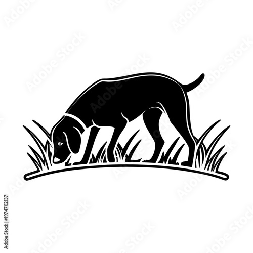 A black dog sniffs the grass in a simple vector illustration