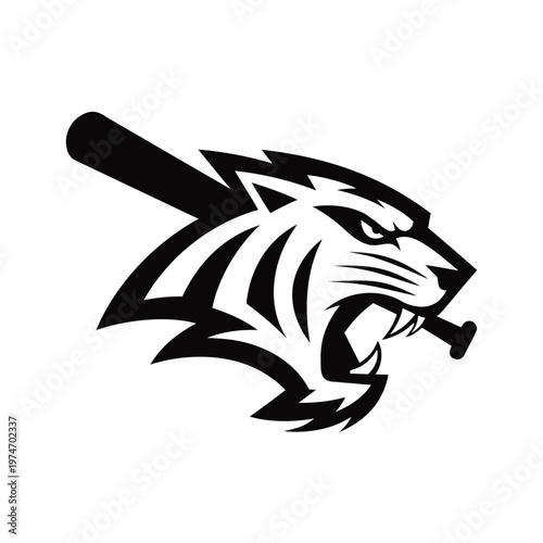 A black and white vector graphic of a tiger's head biting a baseball bat