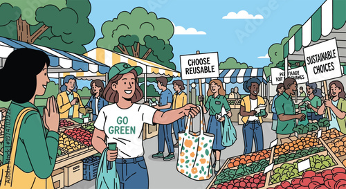 Woman holding reusable bag at farmers market promoting sustainability.