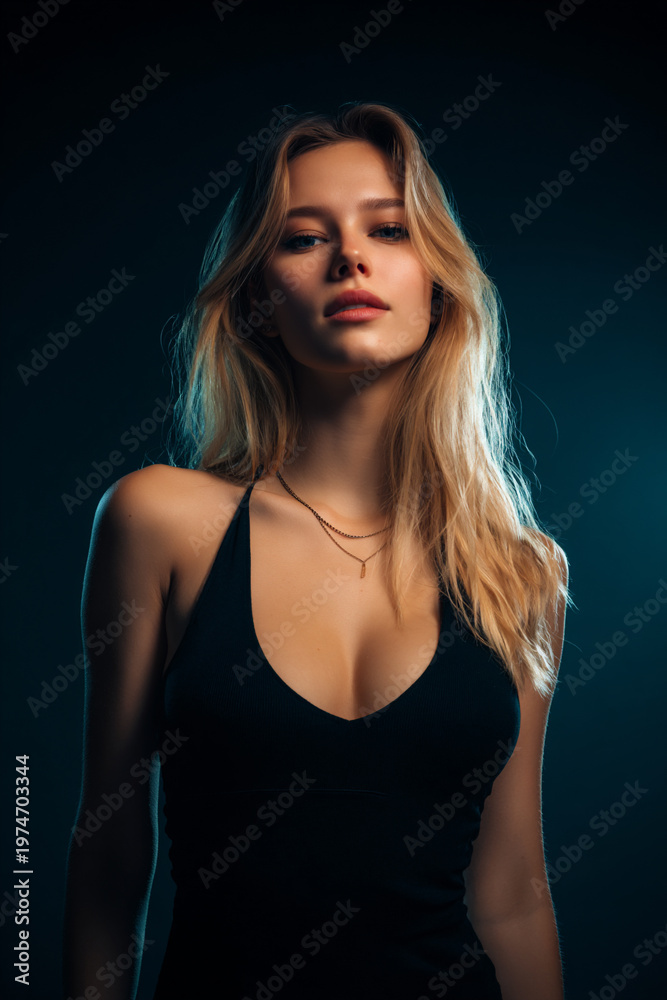 Naklejka premium full body shot of young blonde model in black tanktop, minimalistic studio with neon lighting, dreamy and emotional look, soft natural beauty