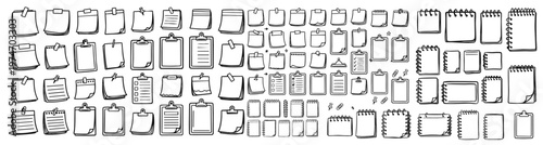 Large collection of hand drawn paper notes sticky note pads clipboards and notebook icons for planners and office design elements doodles isolated on white background vector graphic art