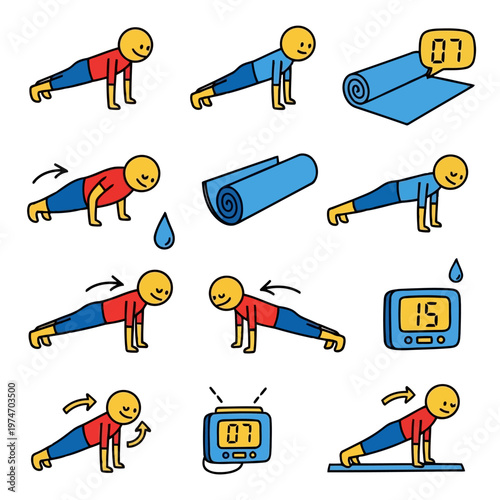 Fitness training icons set showing man doing push-up exercises with timer and yoga mat symbols for sports application design or workout routine instruction manual art.