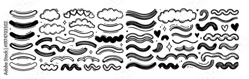 Hand drawn doodle vector pack of cute kawaii accent strokes, playful sketchy ink pen decorative marks, highlights, and scribble elements for creative designs