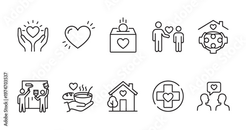 A comprehensive set of minimalist black line icons representing various aspects of charity, volunteering, love, care, and community support against a white background, ideal for non-profit .