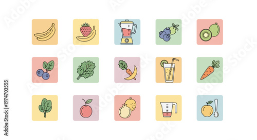 Colorful icons of fruit and vegetables.