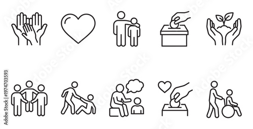 A comprehensive set of minimalist black line art icons illustrating charity, community support, environmental care, and helping hands on a clean white background.