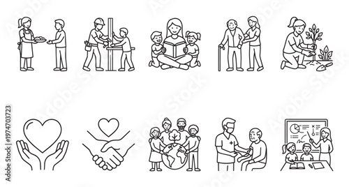 This collection of black line art icons depicts community, social responsibility, education, and care through acts like volunteering, elder assistance, planting, and learning.