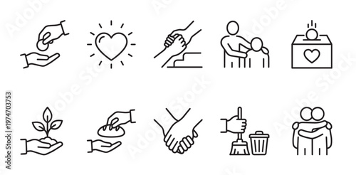This collection of simple black line icons illustrates various acts of charity, social responsibility, and community support, perfect for websites, applications, and educational materials.
