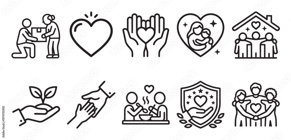 Fototapeta premium A diverse collection of minimalist black line art icons illustrating themes of charity, community, love, and support, including family, helping hands, and environmental care, on a white background.