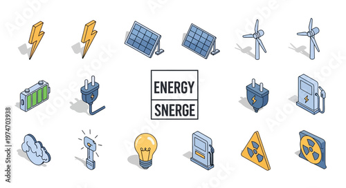 Energy icons with solar panels.