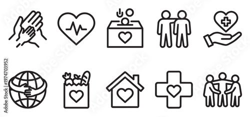 A versatile set of ten minimalist black outline icons representing charity, donation, community support, and healthcare services on a clean white background, conveying compassion and unity.