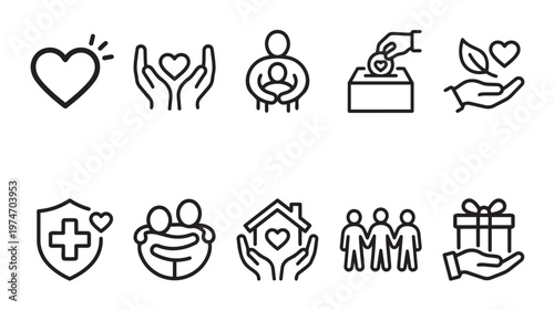 A collection of black outline icons on a white background, symbolizing charity, community, and support through imagery of hearts, hands, family, donations, health, and environment.