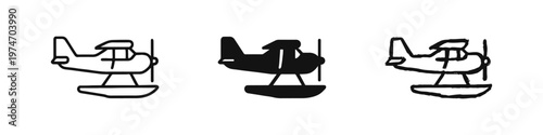 Seaplane Icon Set. Outline, Filled and Hand Drawn Style Floatplane Aircraft Symbol.