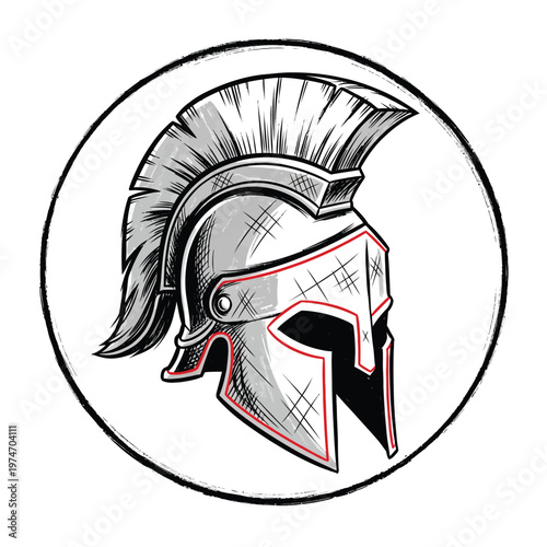 Spartan Warrior Helmet Logo Illustration, Ancient Greek Gladiator Headgear Emblem with Red Accents