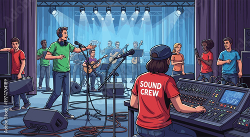 Sound crew member adjusting audio equipment on stage.