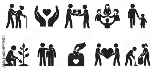 This collection of black vector icons illustrates diverse acts of social responsibility, care, and charity, including helping elderly, donating, planting, teamwork, and family support, conveying.