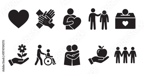 A set of simple black silhouette vector icons on a clean white background, illustrating charity, community support, volunteering, and giving, ideal for non-profit designs and social awareness campaign
