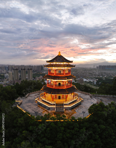 Aerial photography of sunset at Fenghuang Pavilion, Fenghuang Mountain, Huiyang District, Huizhou City