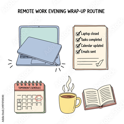 Remote work evening wrap up routine illustration featuring closed laptop computer and task checklist with calendar showing tomorrow schedule coffee cup and book.