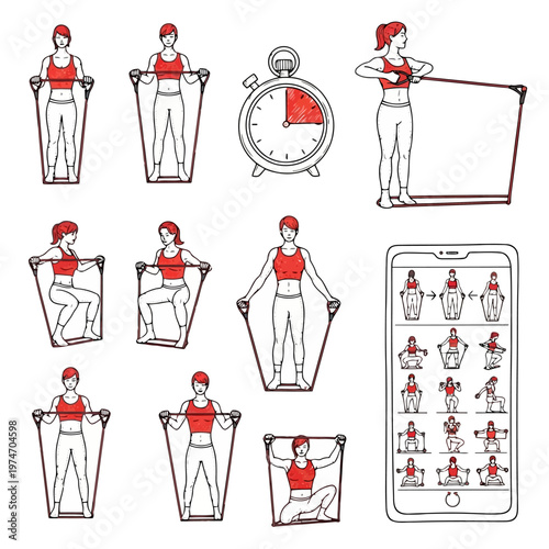 Home workout resistance band training, set of various fitness exercises of woman with fitness elastic expander, timer and smartphone with app.