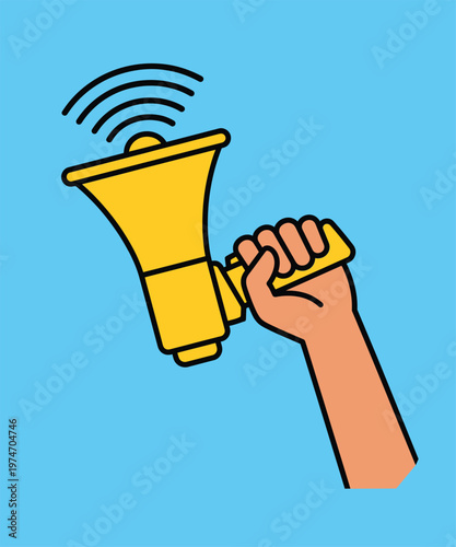 Yellow megaphone held by hand vector illustration, bullhorn for protest and marketing, loud speaker icon for social media announcements and news