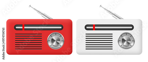 Radio icon set. Red and white radio. Vector 3D clipart isolated on white background.
