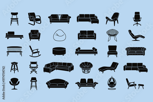 Modern furniture silhouette icons set, 30 black seating and sofa vector elements, minimalist home interior chair and couch collection