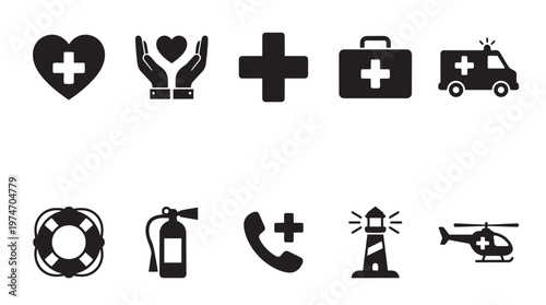 A collection of ten black silhouette icons on a white background, featuring symbols for medical, emergency, and safety services, ideal for web design, apps, and informational graphics.