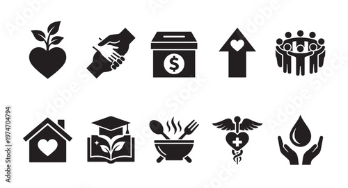 This vector icon set features black silhouette glyphs on a clean white background, representing various concepts of charity, social welfare, and humanitarian aid.