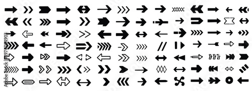 Collection of diverse black and white arrow icons, representing direction and navigation.