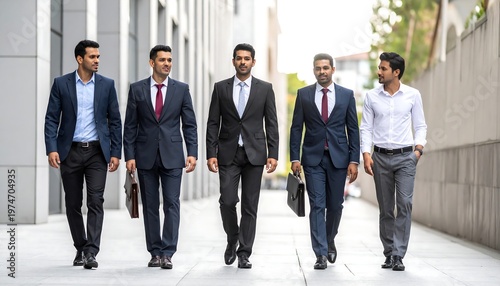 Five business professionals in suits walk purposefully past an office building, carrying briefcases and exuding confidence