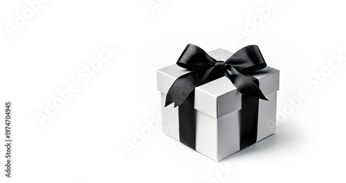 White gift box with black bow. Surprise. No white background isolated.