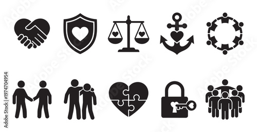 This diverse collection features crisp black flat design icons illustrating fundamental human values such as partnership, protection, justice, loyalty, community, and empathy.