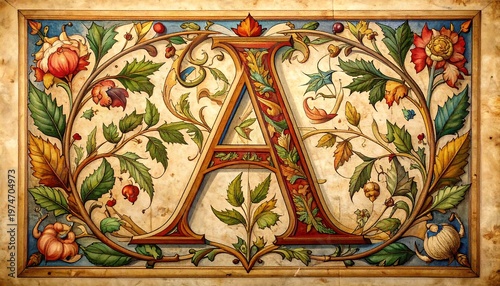 A large ornate letter A with floral designs