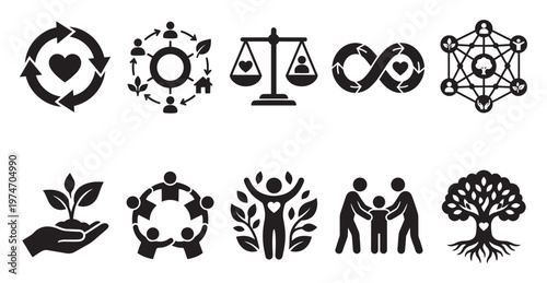 This vector set features diverse black and white icons illustrating concepts of sustainability, environmental protection, community, social responsibility, family, love, and balance.